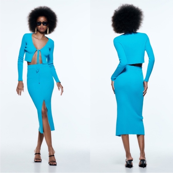 3 piece Matching Set - Ribbed Blue Cardigan Midi Pencil Skirt Crop Top - Picture 2 of 16